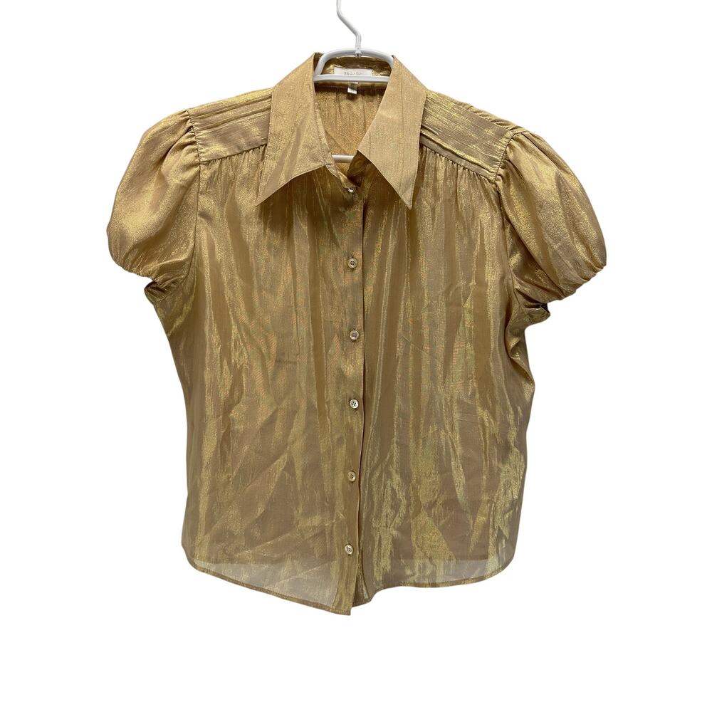 Escada Gold Silk Short Sleeve Blouse Button Front Size 40/10 Vintage Metallic